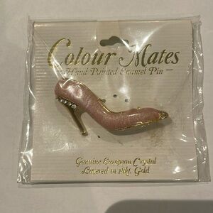 Vtg Colour Mate Hand Painted Enamel Brooch Layered In 18k Gold European Crystals